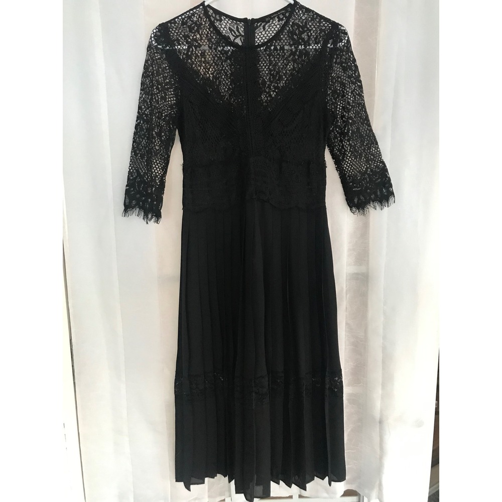 Zara Basic Black Lace Pleated Midi‎ Dress Womens Small 3/4 Sleeve Sheer Yoke
